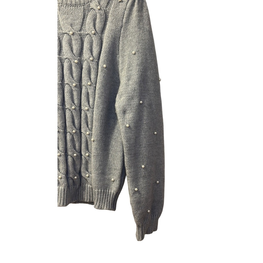 Chunky CableKnit Crewneck Sweater Pearl Puff Sleeve Gray Old Money|Quiet Luxury - Picture 6 of 9